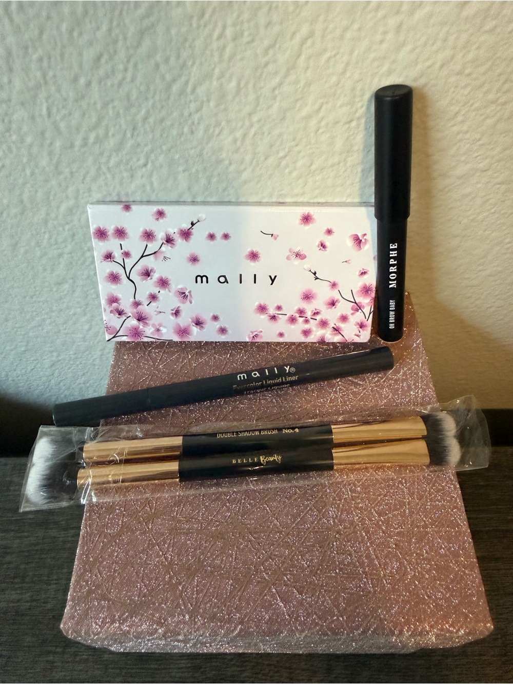 Mally Beauty Pink Floral Eyeshadow Set with Black Liner & Gold-Handled Brushes